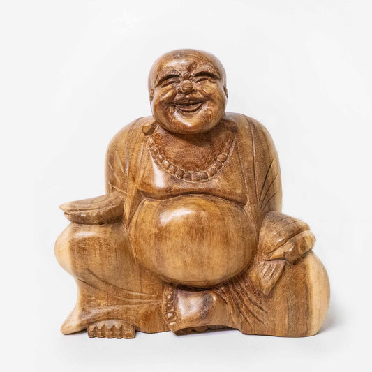 Buddha für Wohlstand – Handgefertigte Holzfigur aus Indonesien, matt oder glatt