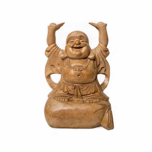 Handgemachter Buddha für Reichtum – Holzfigur aus Indonesien, in drei Größen