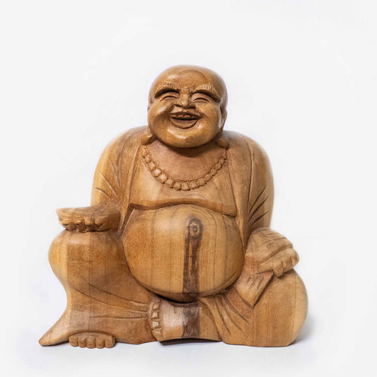 Buddha für Wohlstand – Handgefertigte Holzfigur aus Indonesien, matt oder glatt