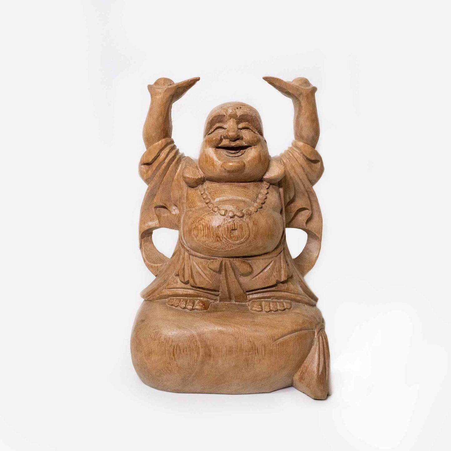 Handgemachter Buddha für Reichtum – Holzfigur aus Indonesien, in drei Größen