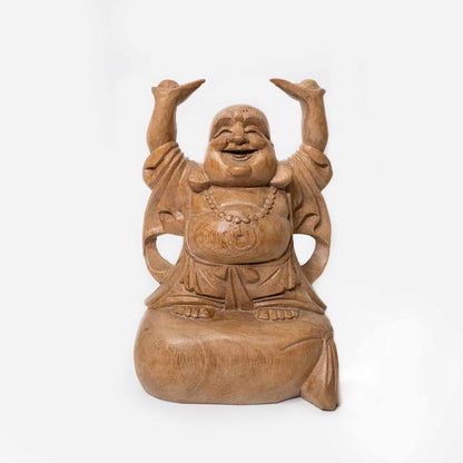 Handgemachter Buddha für Reichtum – Holzfigur aus Indonesien, in drei Größen
