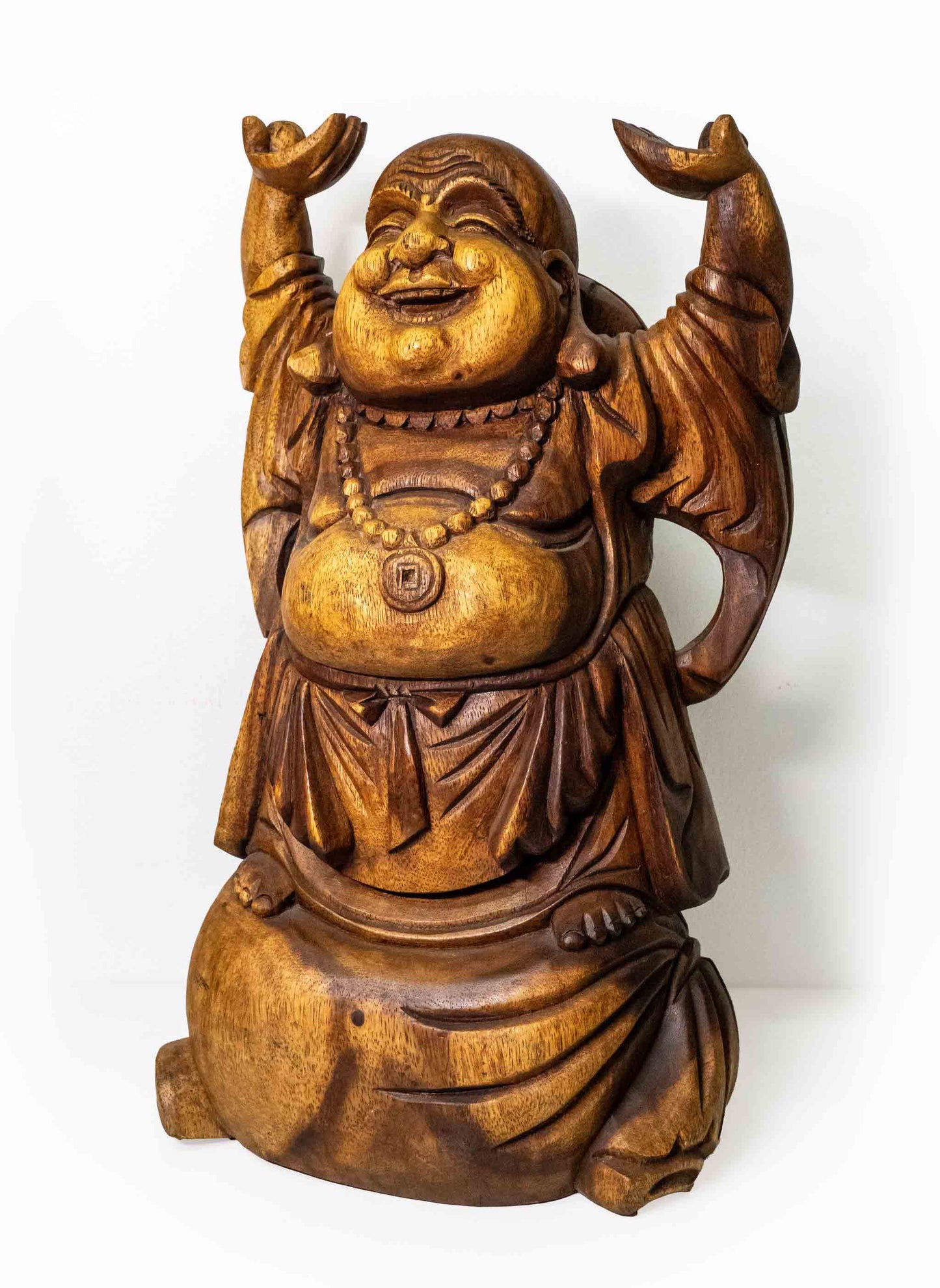 Größter handgefertigter Buddha für Reichtum – Holzfigur aus Indonesien