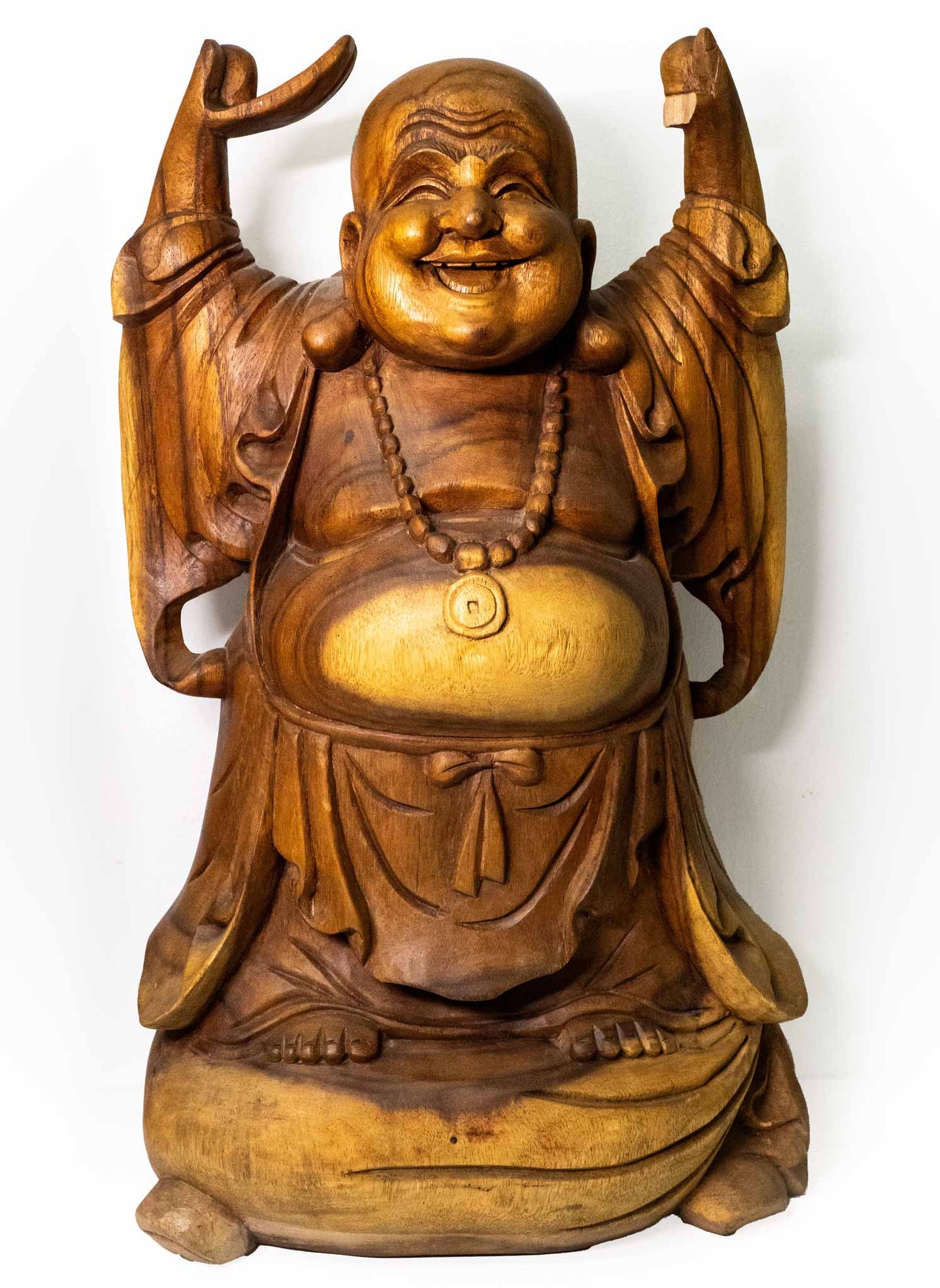 [B-Ware] Größter handgefertigter Buddha für Reichtum – Holzfigur aus Indonesien