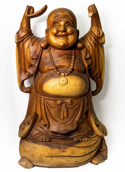 [B-Ware] Größter handgefertigter Buddha für Reichtum – Holzfigur aus Indonesien