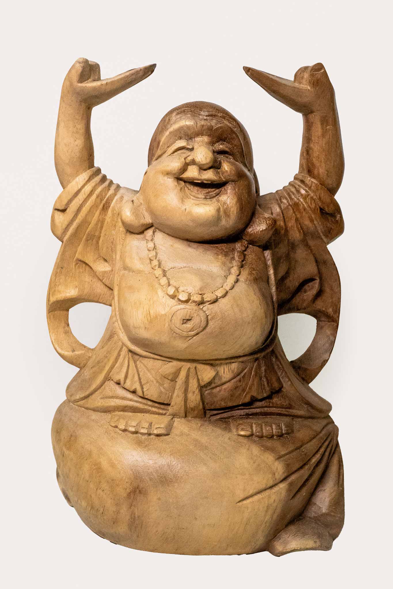 Handgemachter Buddha für Reichtum – Holzfigur aus Indonesien, in drei Größen