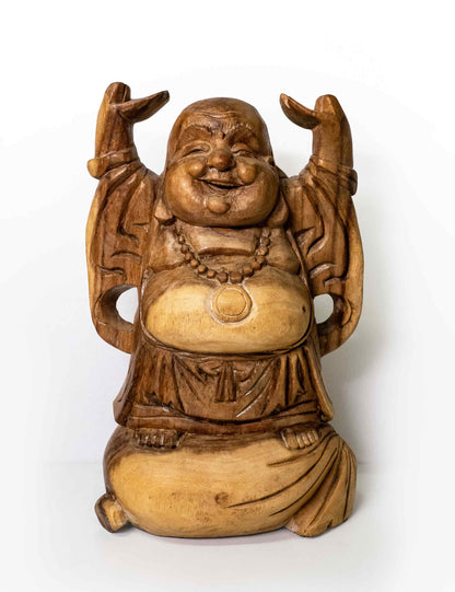 Handgemachter Buddha für Reichtum – Holzfigur aus Indonesien, in drei Größen