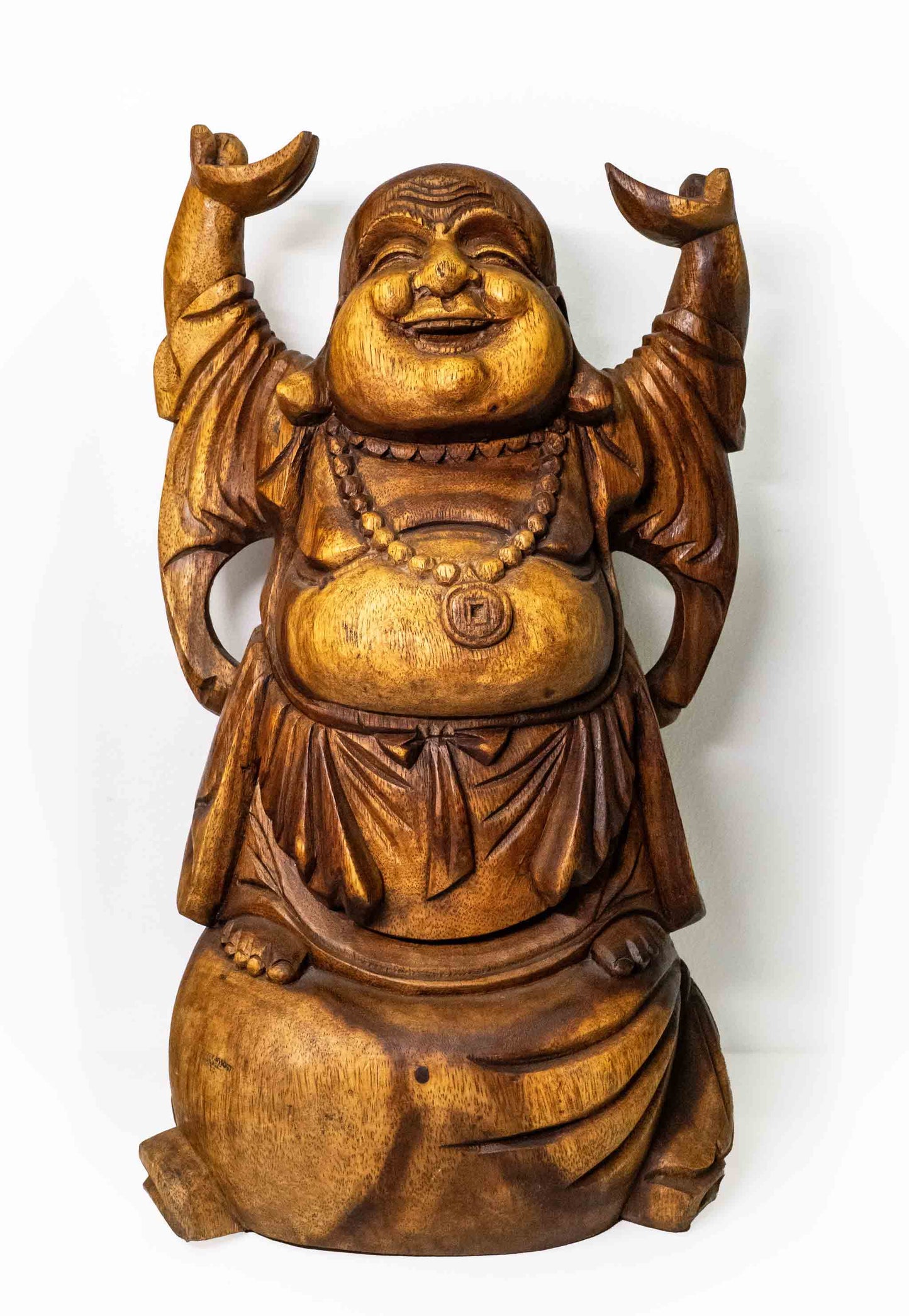Größter handgefertigter Buddha für Reichtum – Holzfigur aus Indonesien